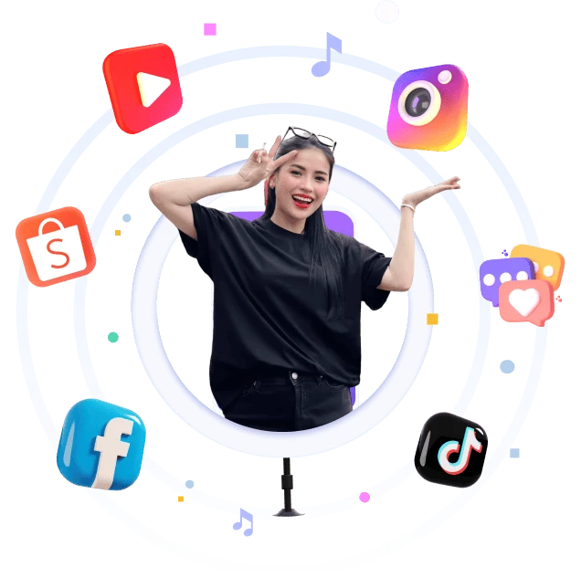 Vibrant woman surrounded by social media icons representing digital marketing and content creation.