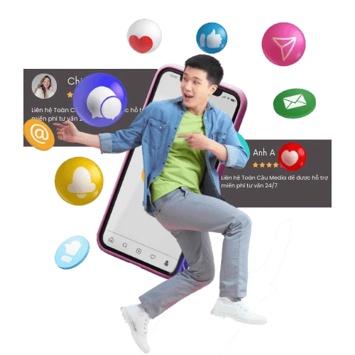 Young man with smartphone surrounded by social media icons, promoting digital communication and online engagement.