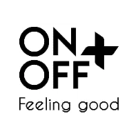 Black and white "ON+OFF" logo with "Feeling good" tagline, modern design for wellness branding.