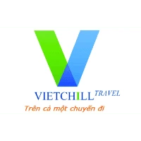 Vietchill Travel logo with green and blue V design and tagline in Vietnamese.